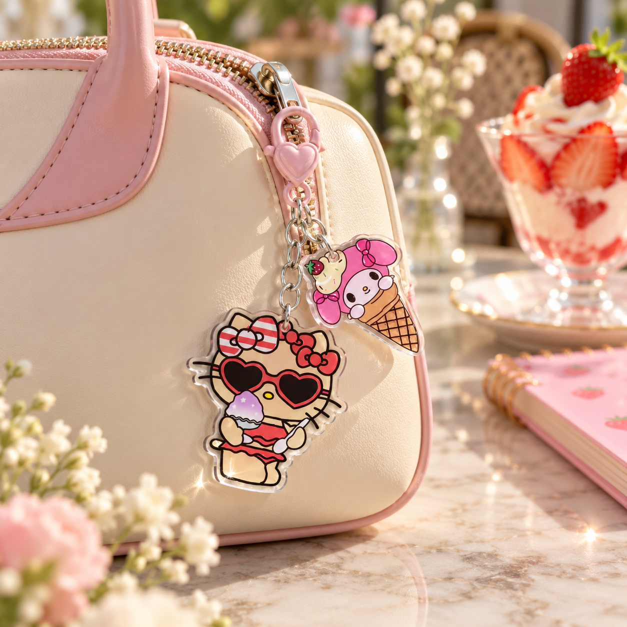 Pink Heart Sunglasses Kitten Ice Cream Bag Charm