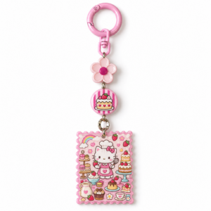 Pink Kitten Baker Café Keychain with Flower and Cake Charms