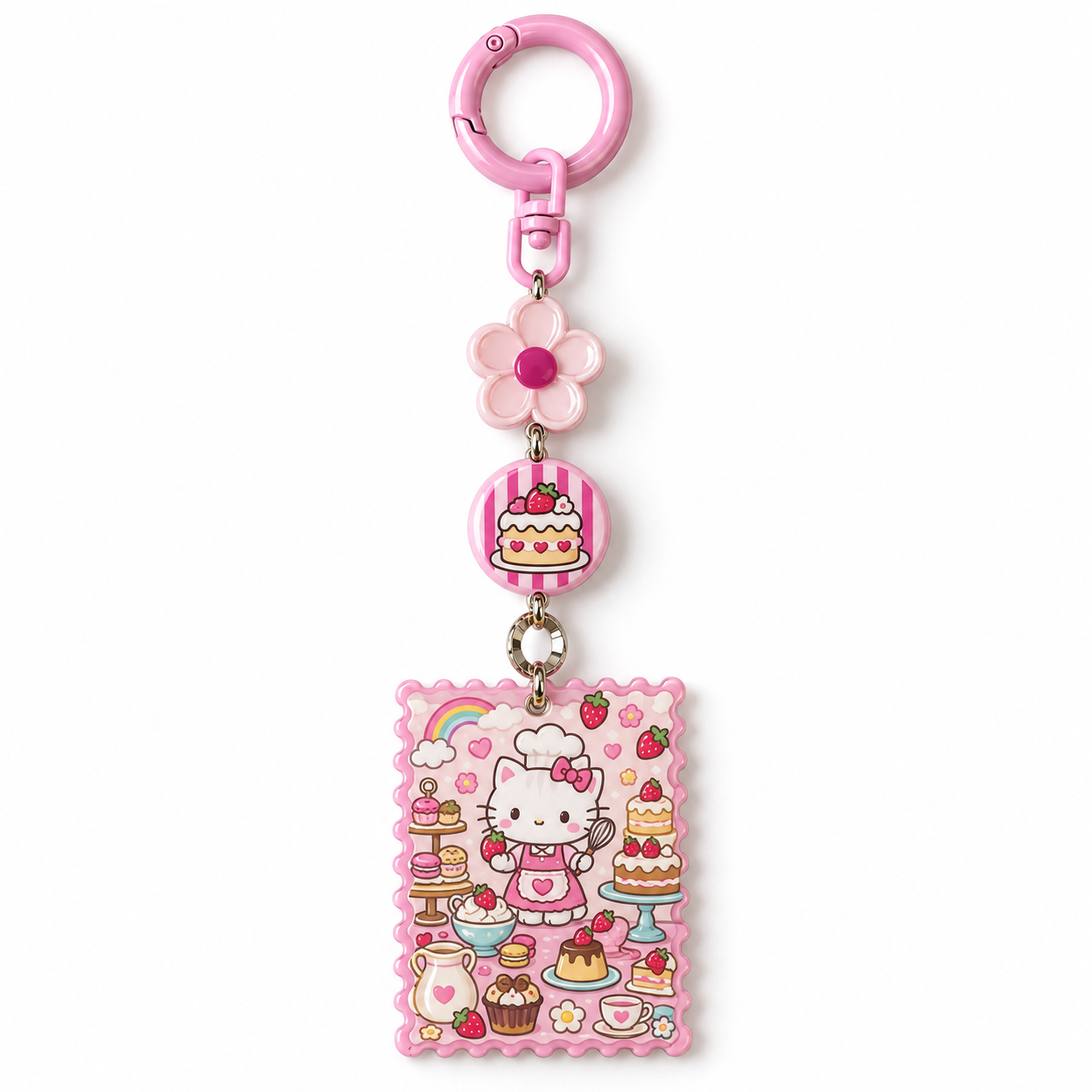 Pink Kitten Baker Café Keychain with Flower and Cake Charms