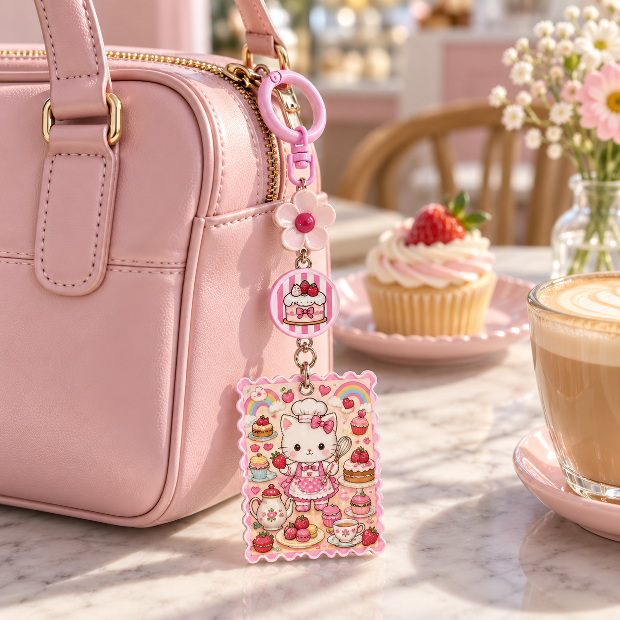 Pink Kitten Baker Café Keychain with Flower and Cake Charms