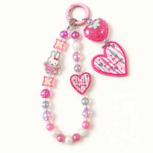 Pink Strawberry & Bunny Heart Beaded Charm – Phone, Bag and Water Bottle Accessory