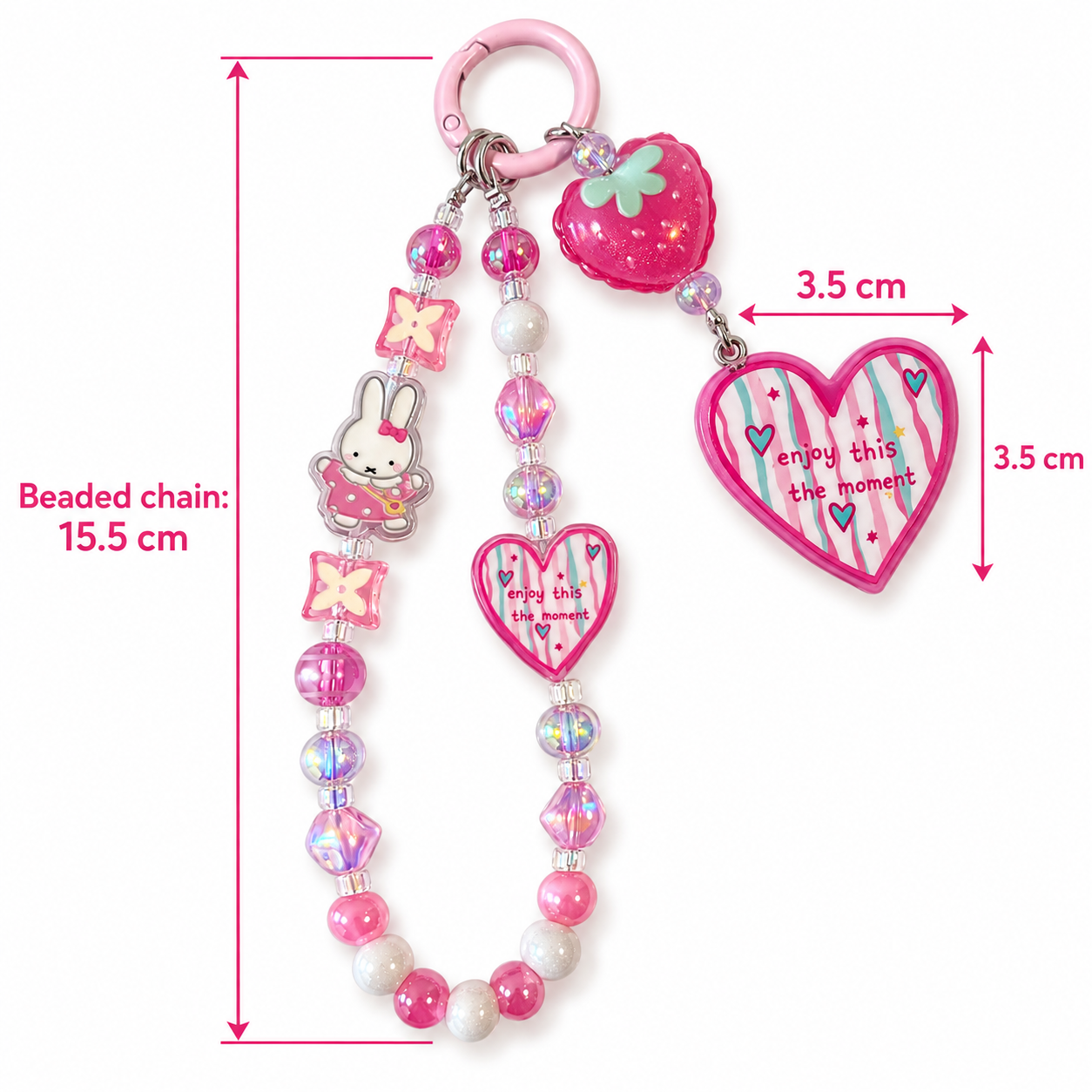 Pink Strawberry & Bunny Heart Beaded Charm – Phone, Bag and Water Bottle Accessory