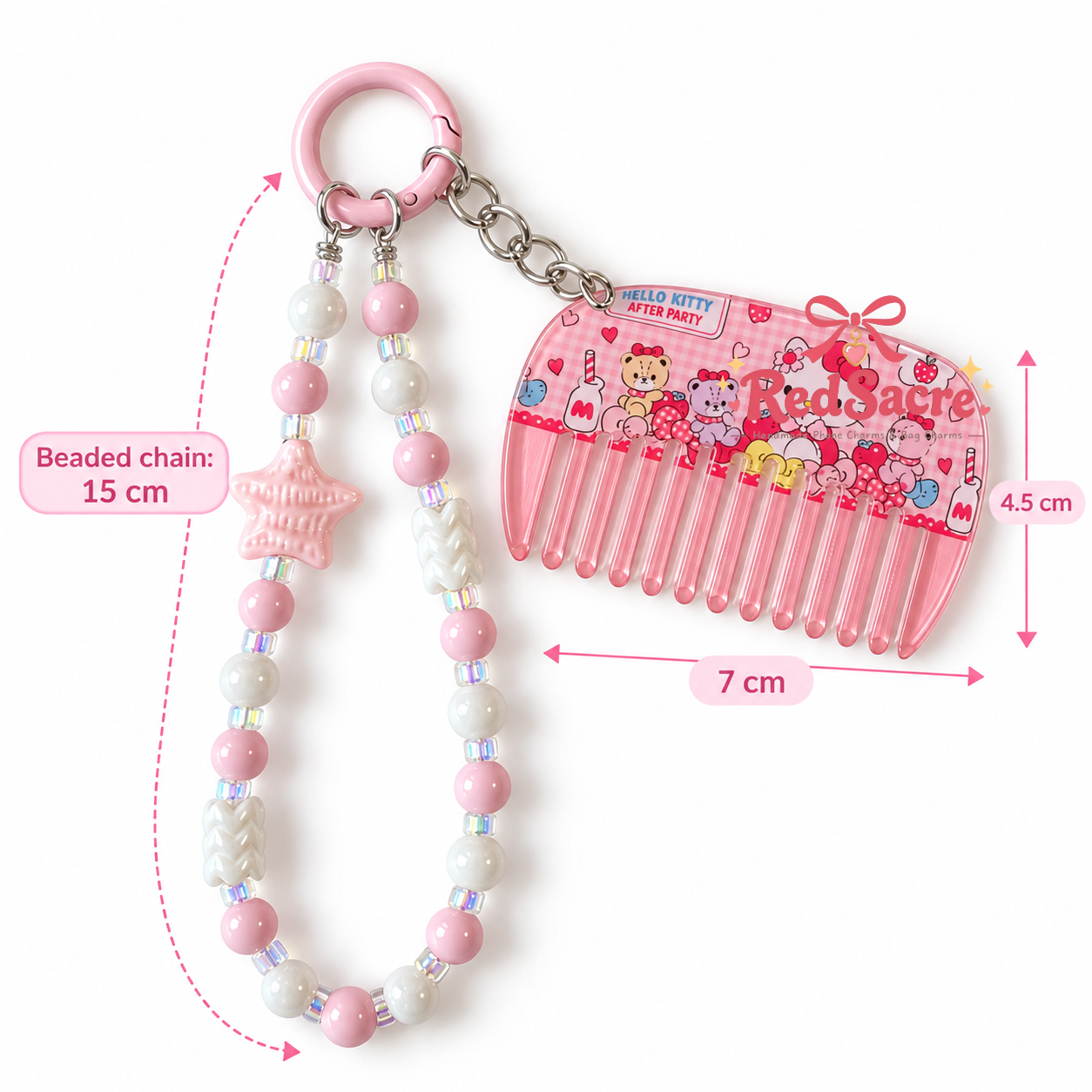 Pink mimi Mini Comb Charm with Beaded Chain – Cute Bag, Phone & Key Accessory
