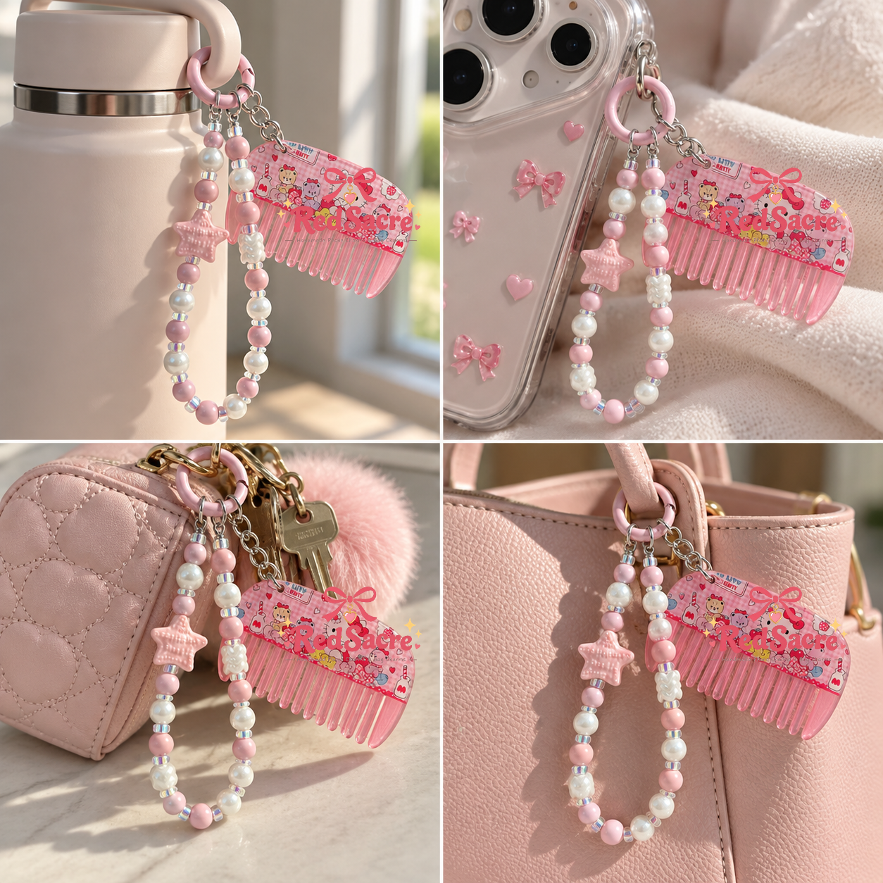 Pink mimi Mini Comb Charm with Beaded Chain – Cute Bag, Phone & Key Accessory