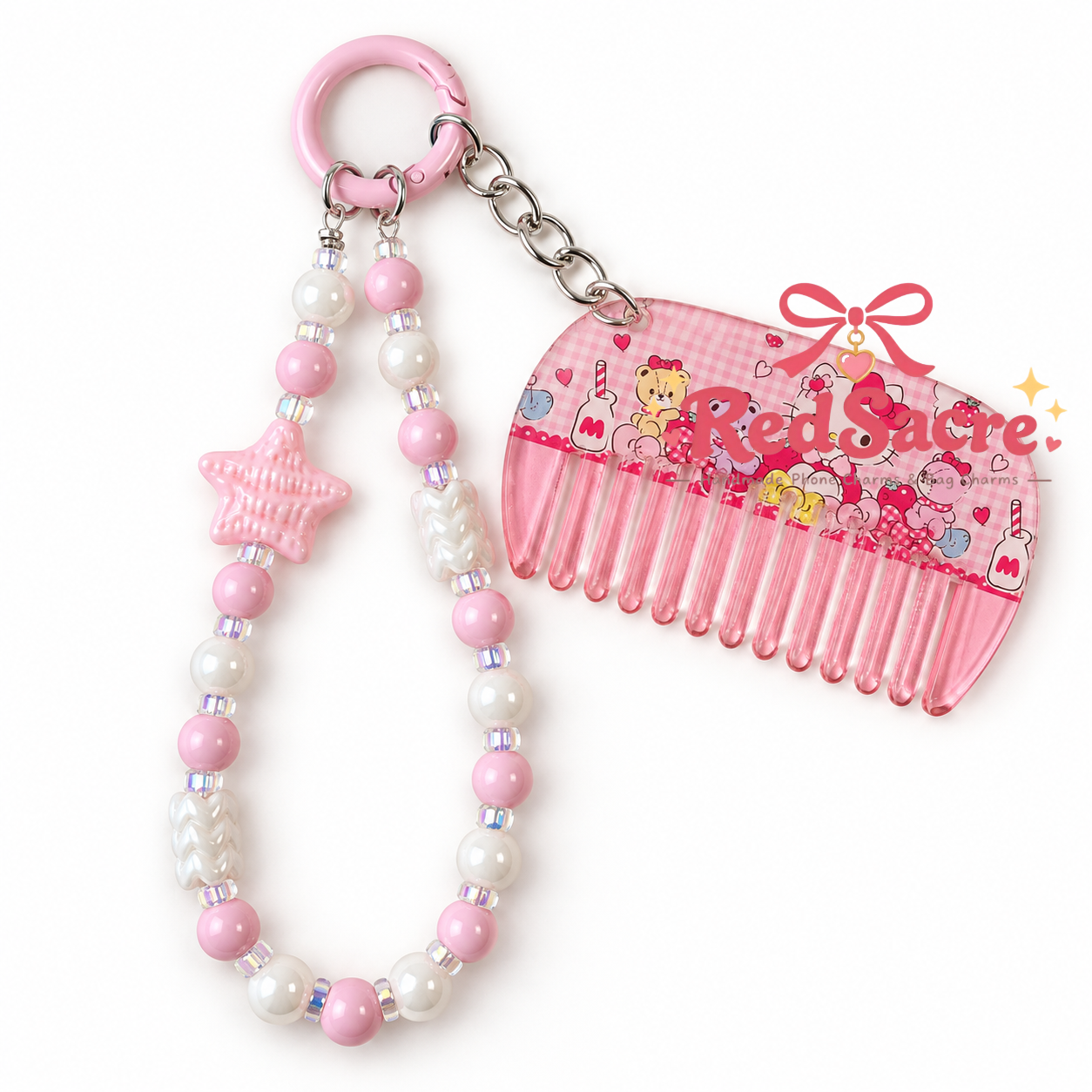 Pink mimi Mini Comb Charm with Beaded Chain – Cute Bag, Phone & Key Accessory
