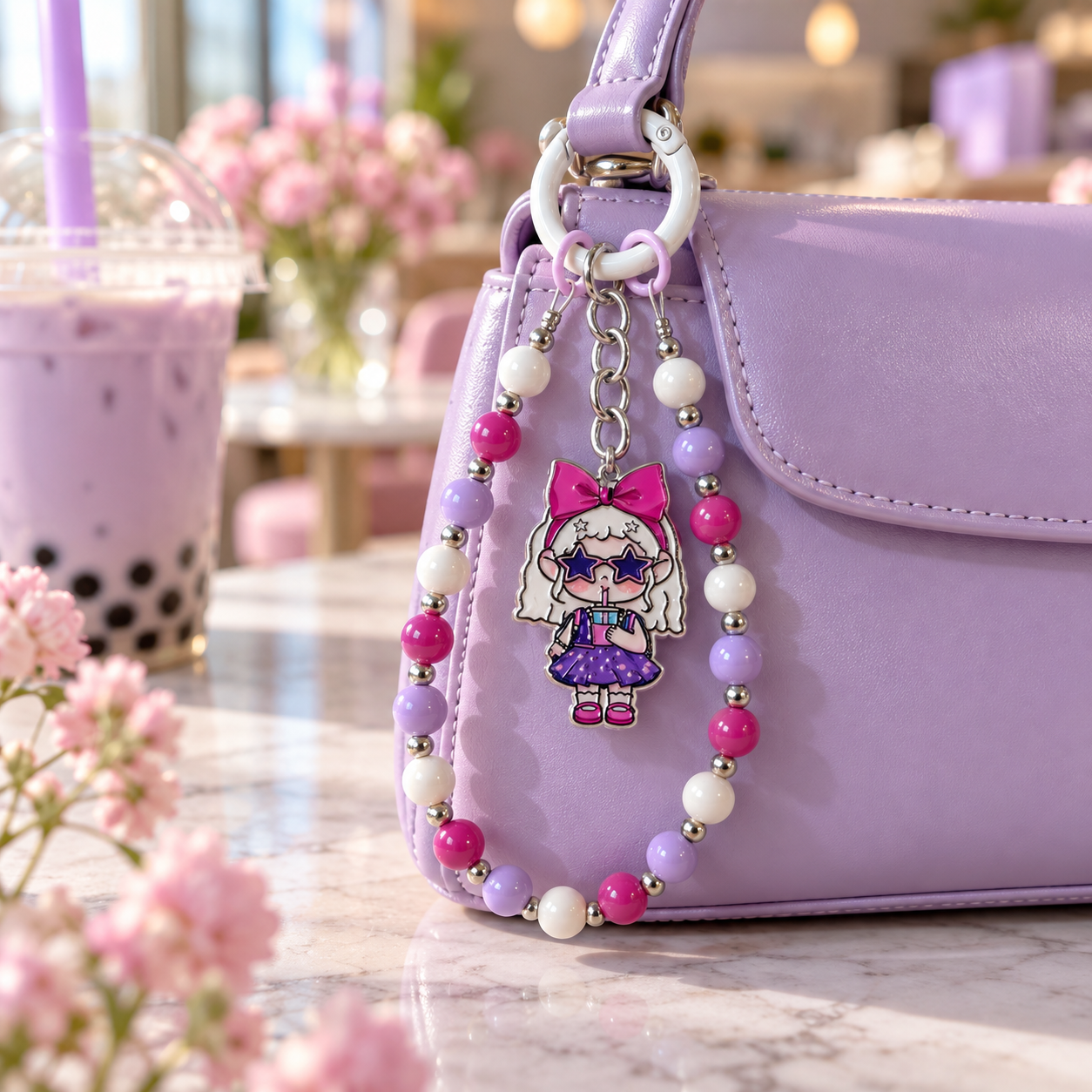 Purple Milk Tea Girl Beaded Bag Chain with Star Sunglasses