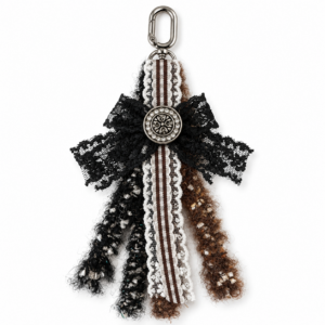 Vintage Black Lace Bow Ribbon Bag Charm with Rhinestone Medallion