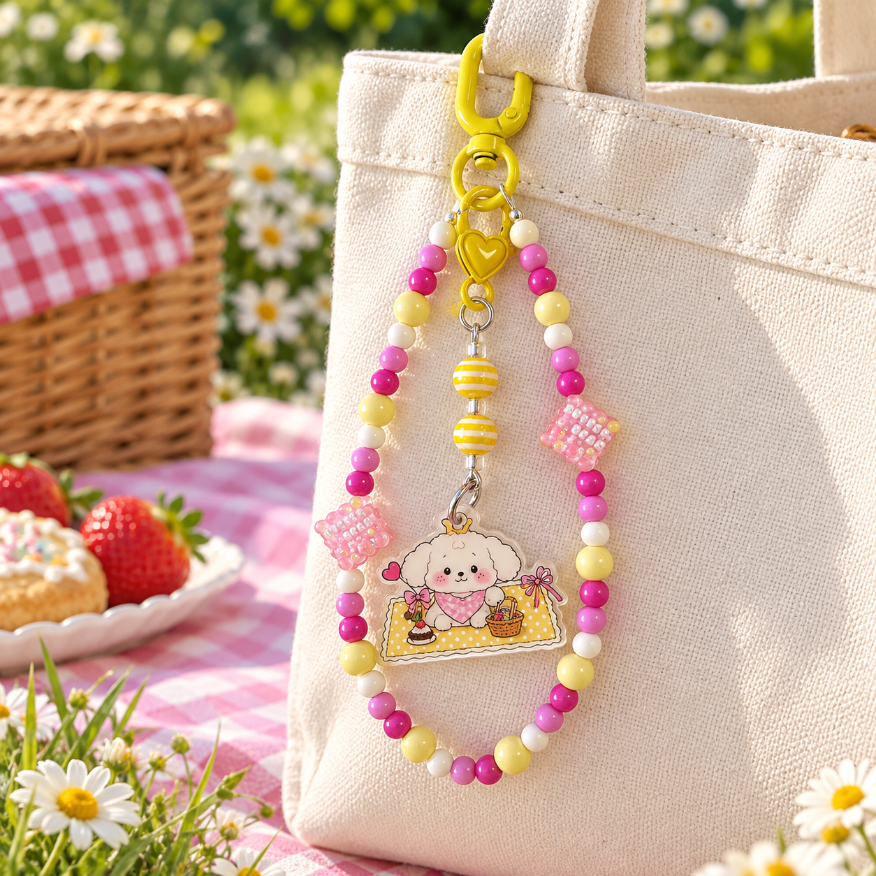 17 cm Pastel Picnic Puppy Beaded Bag Charm