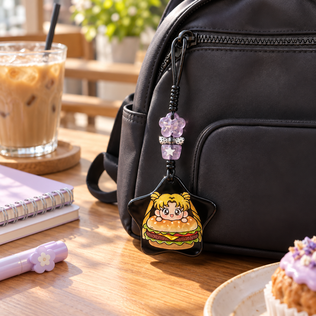 Black Star Hamburger Cartoon Bag Charm