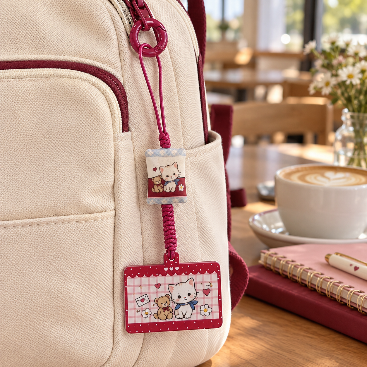 Burgundy Kitten and Teddy Double-Pendant Bag Charm
