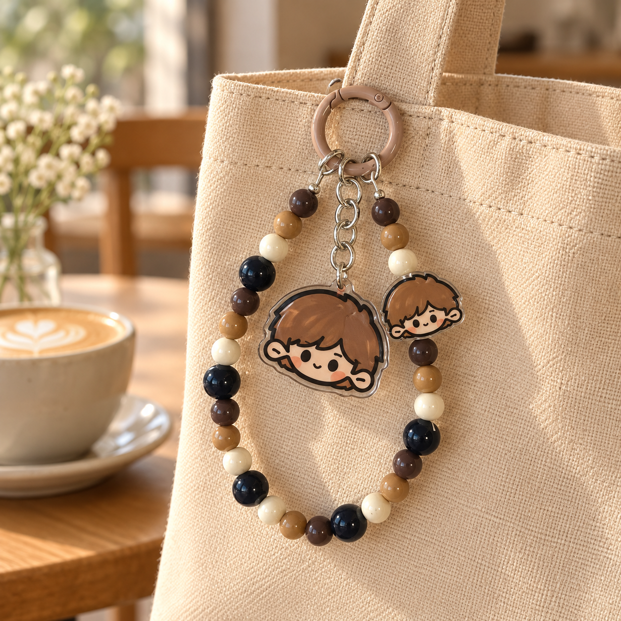 Neutral Brown-Haired Doll Beaded Bag Charm – 14 cm
