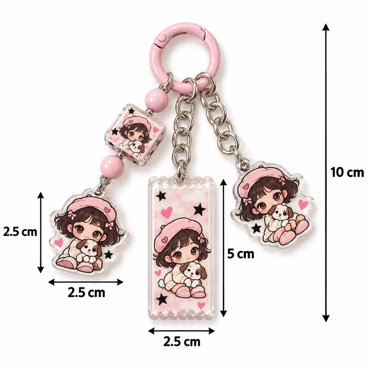 Pink Girl and Puppy Multi-Charm Keychain