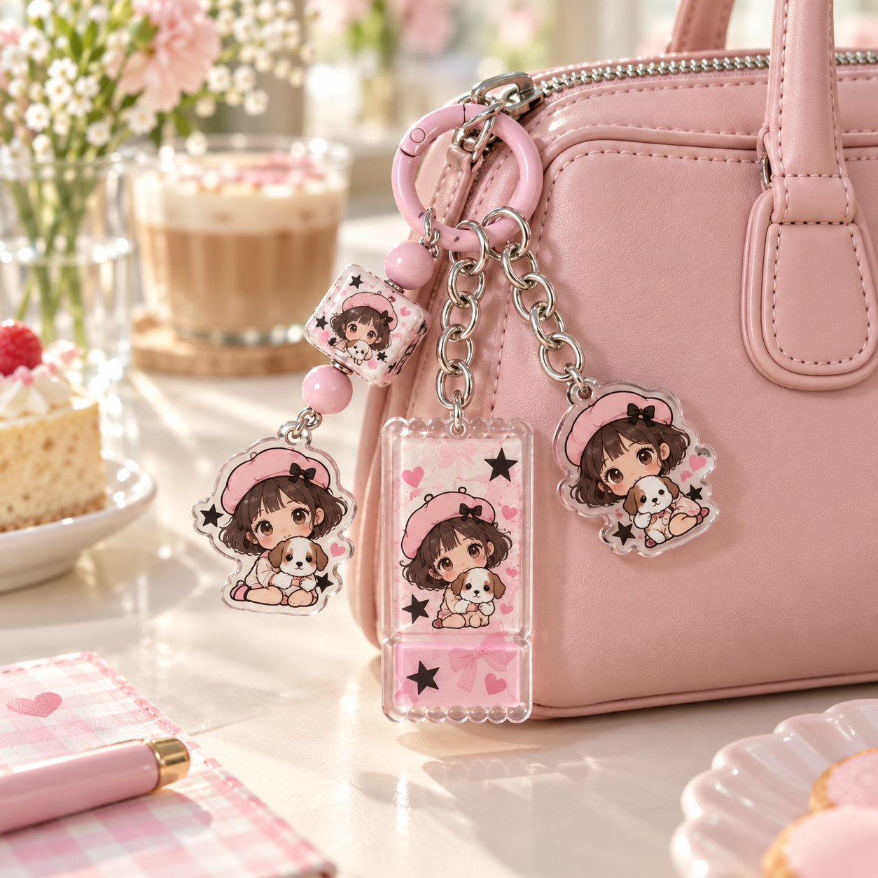 Pink Girl and Puppy Multi-Charm Keychain