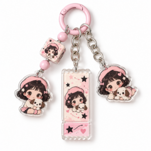 Pink Girl and Puppy Multi-Charm Keychain