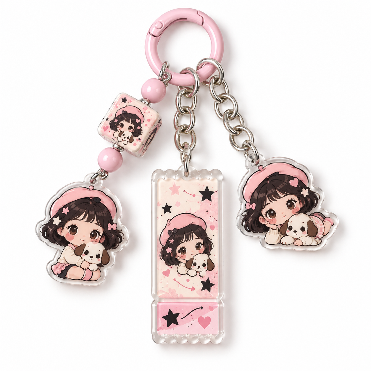Pink Girl and Puppy Multi-Charm Keychain
