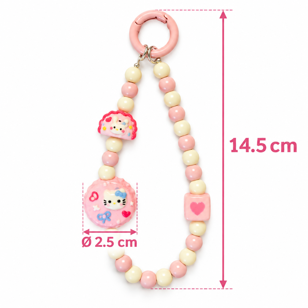 Pink and Cream Beaded Bag Charm with Round Kitten Pendant