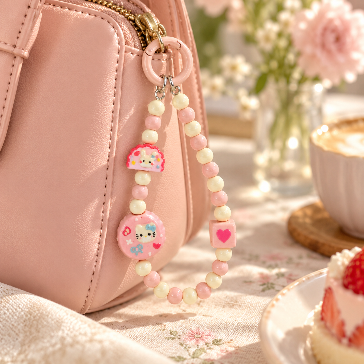 Pink and Cream Beaded Bag Charm with Round Kitten Pendant