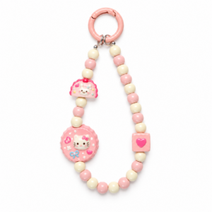 Pink and Cream Beaded Bag Charm with Round Kitten Pendant