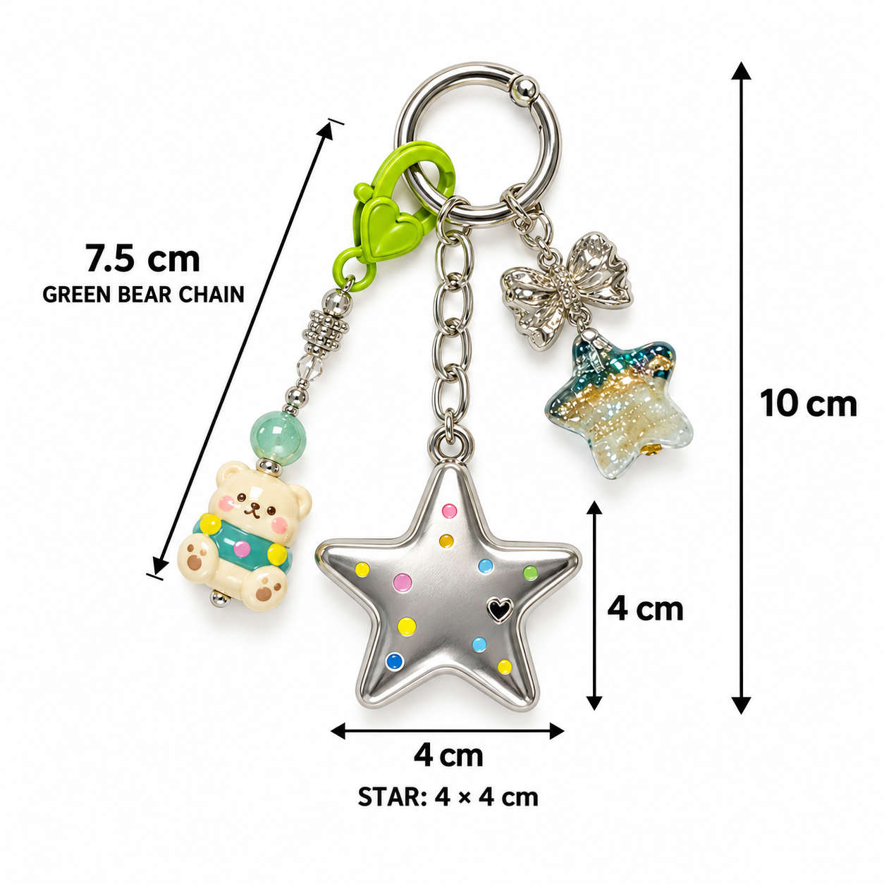 Silver Star Bag Charm with Green Bear Chain