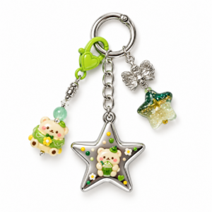 Silver Star Bag Charm with Green Bear Chain