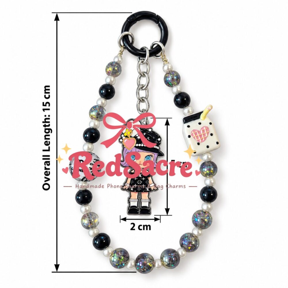 Black Glitter Doll Beaded Bag Charm – 15 cm Cartoon Purse Keychain
