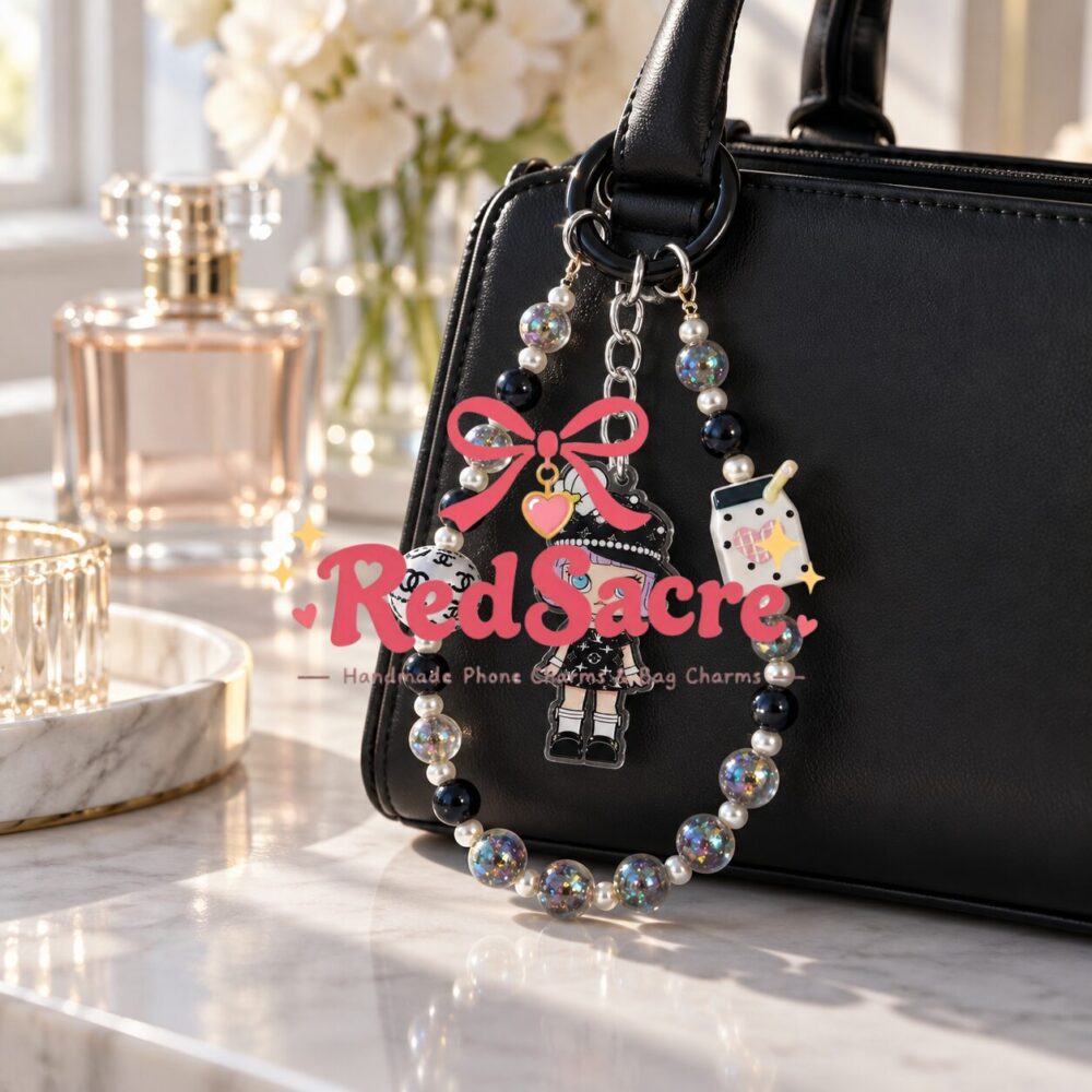 Black Glitter Doll Beaded Bag Charm – 15 cm Cartoon Purse Keychain