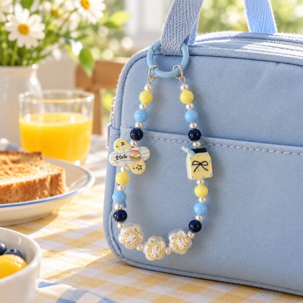 Blue and Yellow Breakfast Beaded Bag Charm – 14.5 cm Loop Keychain