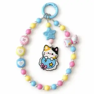Blue star calico cat phone charm with pastel beads and bow pendant redsacre005