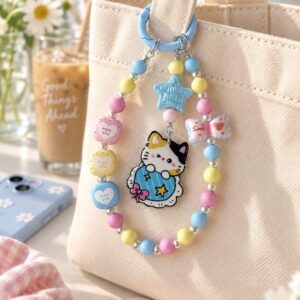 Cute Calico Cat Phone Charm & Bag Charm – Pastel Beaded Star Keychain REDSACRE002