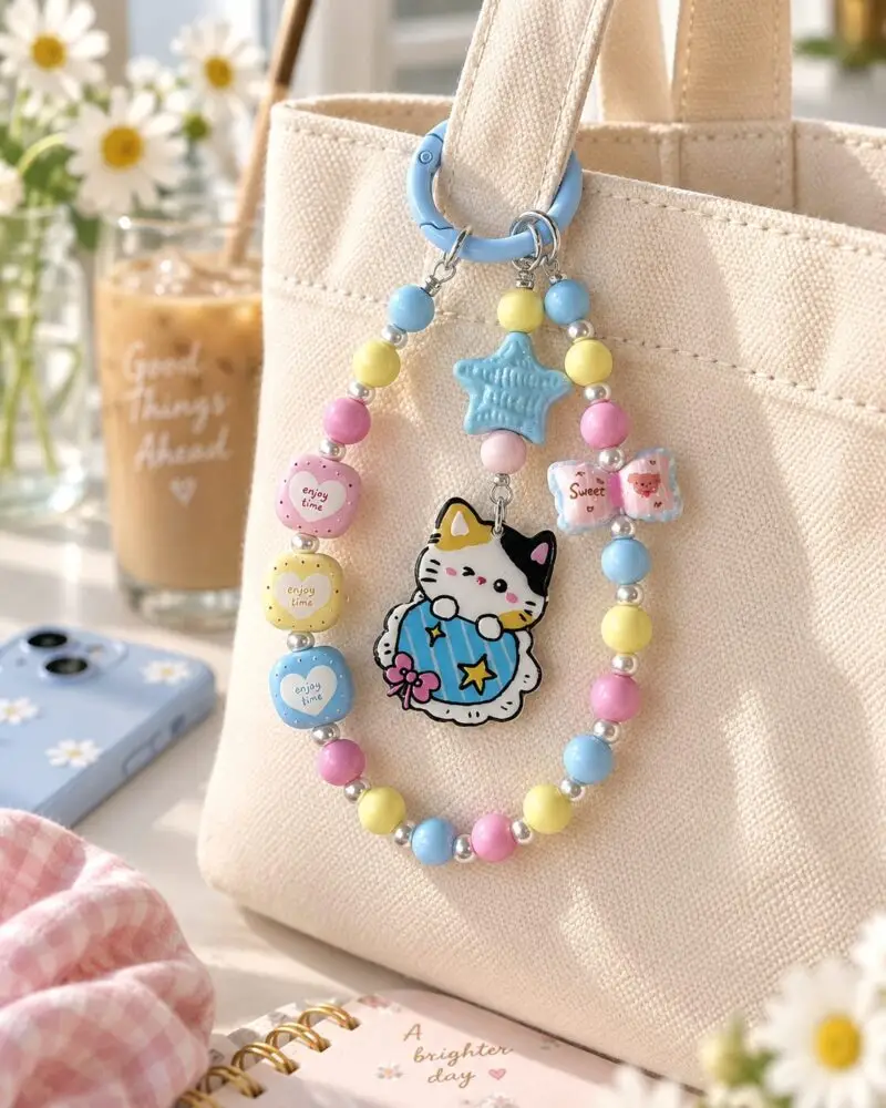 Cute Calico Cat Phone Charm & Bag Charm – Pastel Beaded Star Keychain REDSACRE002