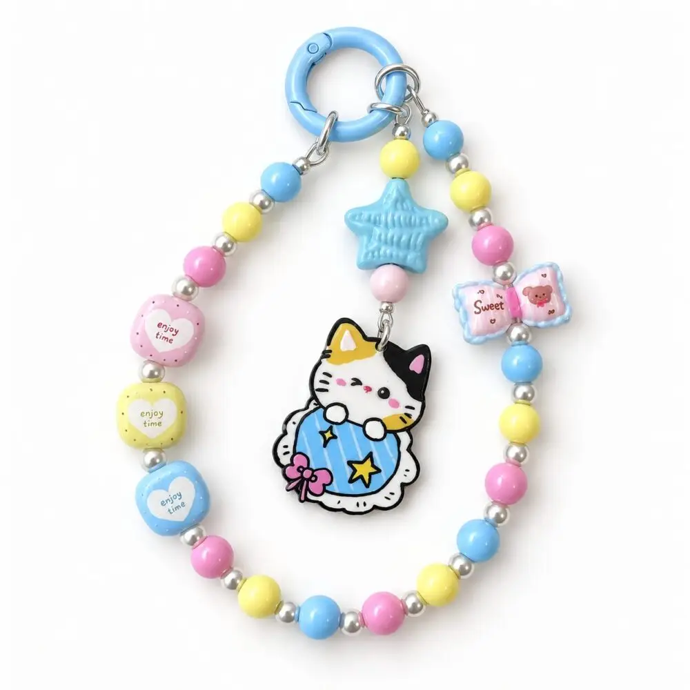 Cute Calico Cat Phone Charm & Bag Charm – Pastel Beaded Star Keychain REDSACRE002