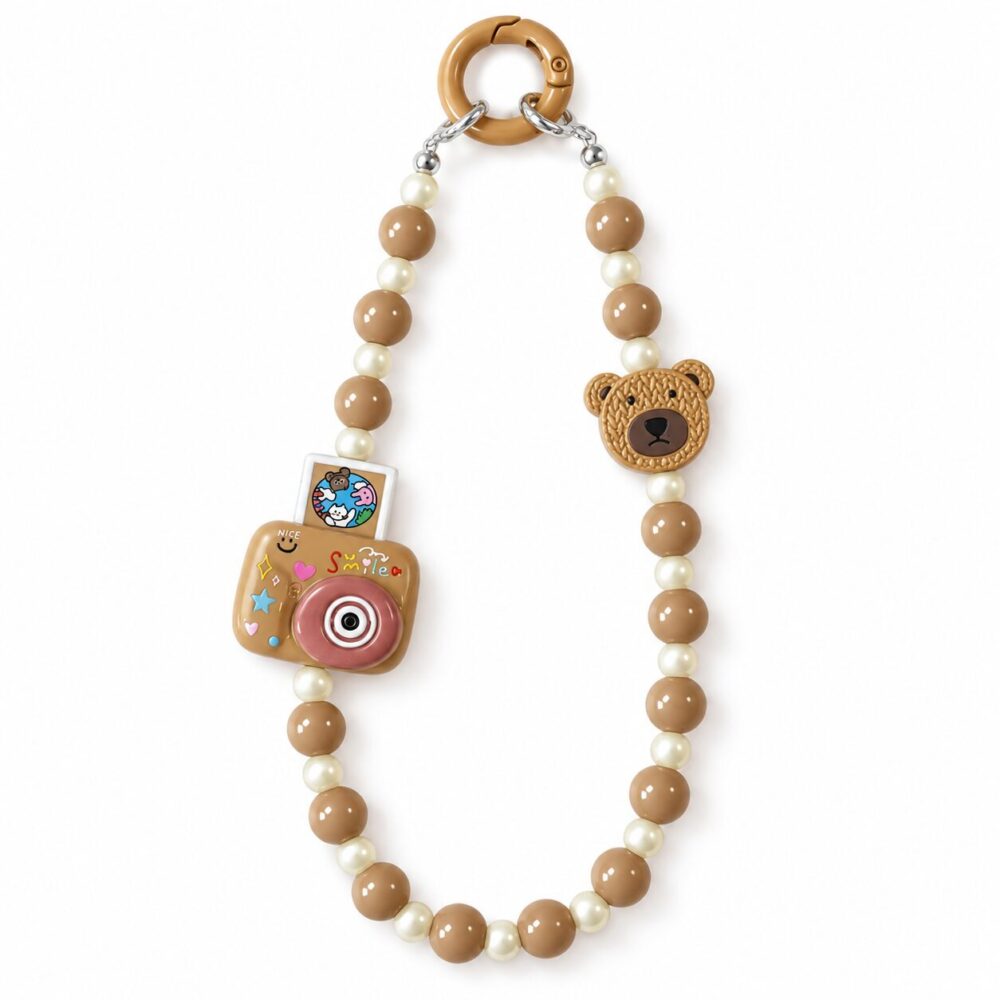Cute Teddy Bear & Mini Instant Camera Bead Phone Charm Strap - Pearl Beaded Bag Charm & Lanyard