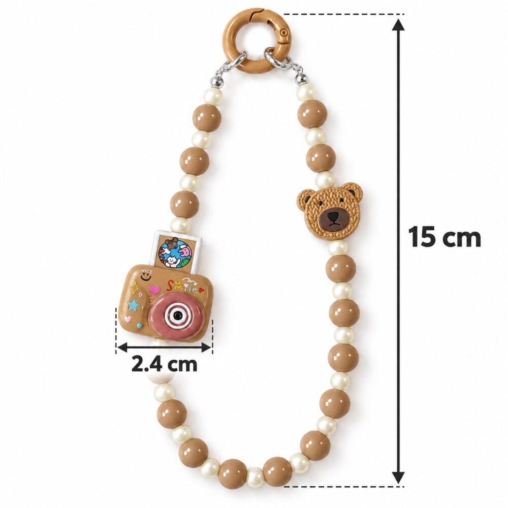 Cute Teddy Bear & Mini Instant Camera Bead Phone Charm Strap - Pearl Beaded Bag Charm & Lanyard