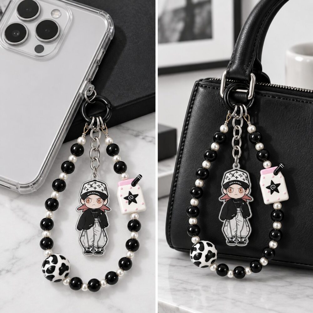 Gothic Anime Boy Beaded Keychain with Milk Carton Charm & Pearl Lanyard - Streetwear Bag Charm by RedSacre