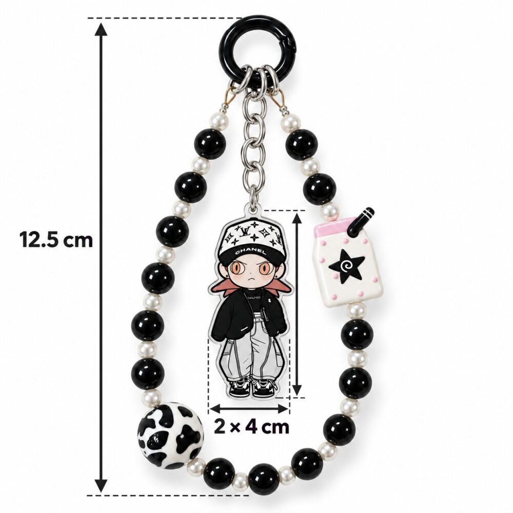 Gothic Anime Boy Beaded Keychain with Milk Carton Charm & Pearl Lanyard - Streetwear Bag Charm by RedSacre