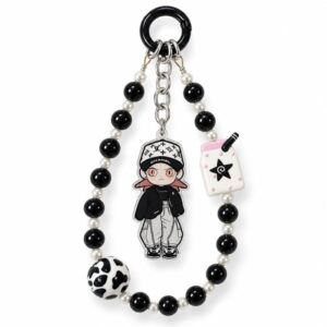 Gothic Anime Boy Beaded Keychain with Milk Carton Charm & Pearl Lanyard - Streetwear Bag Charm by RedSacre