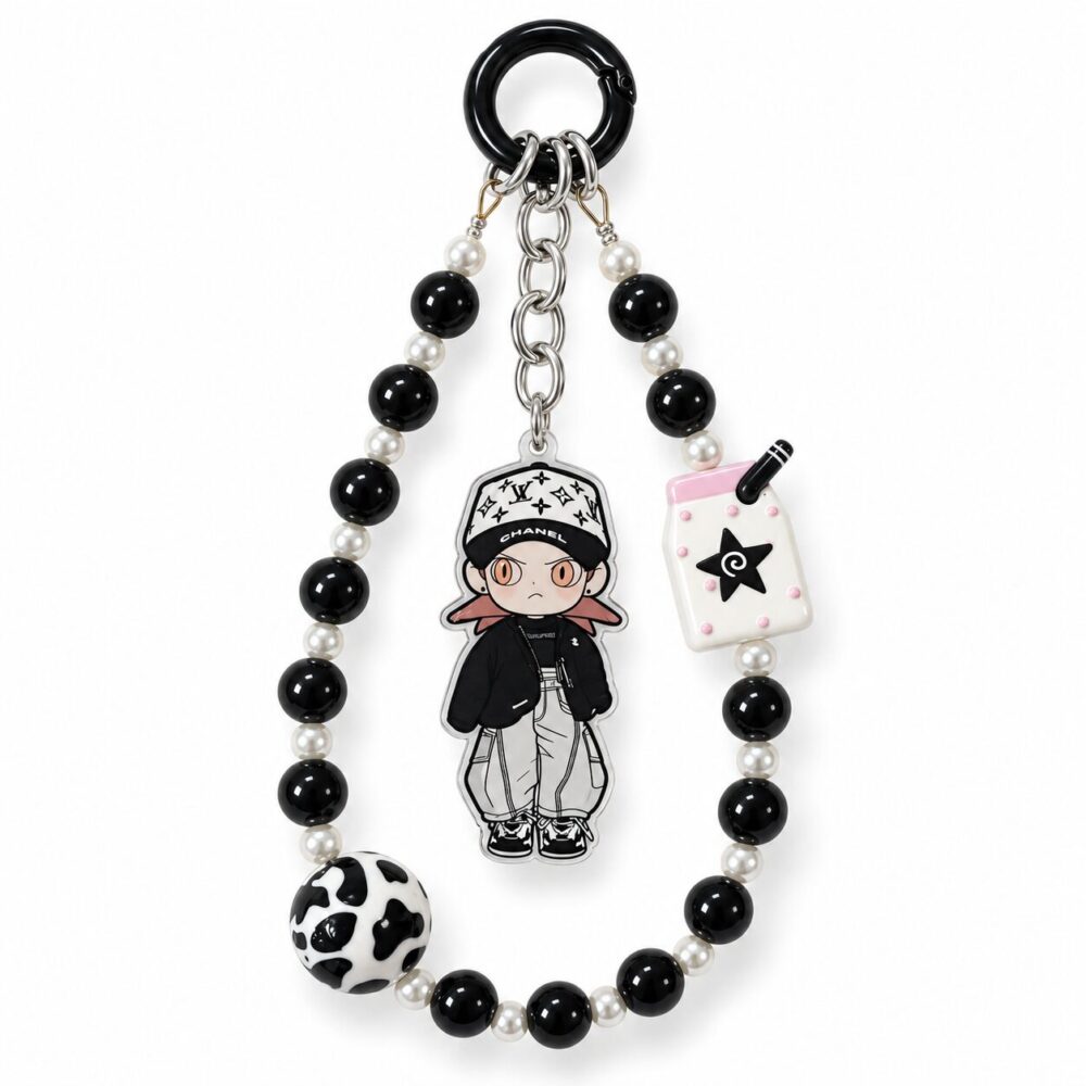 Gothic Anime Boy Beaded Keychain with Milk Carton Charm & Pearl Lanyard - Streetwear Bag Charm by RedSacre