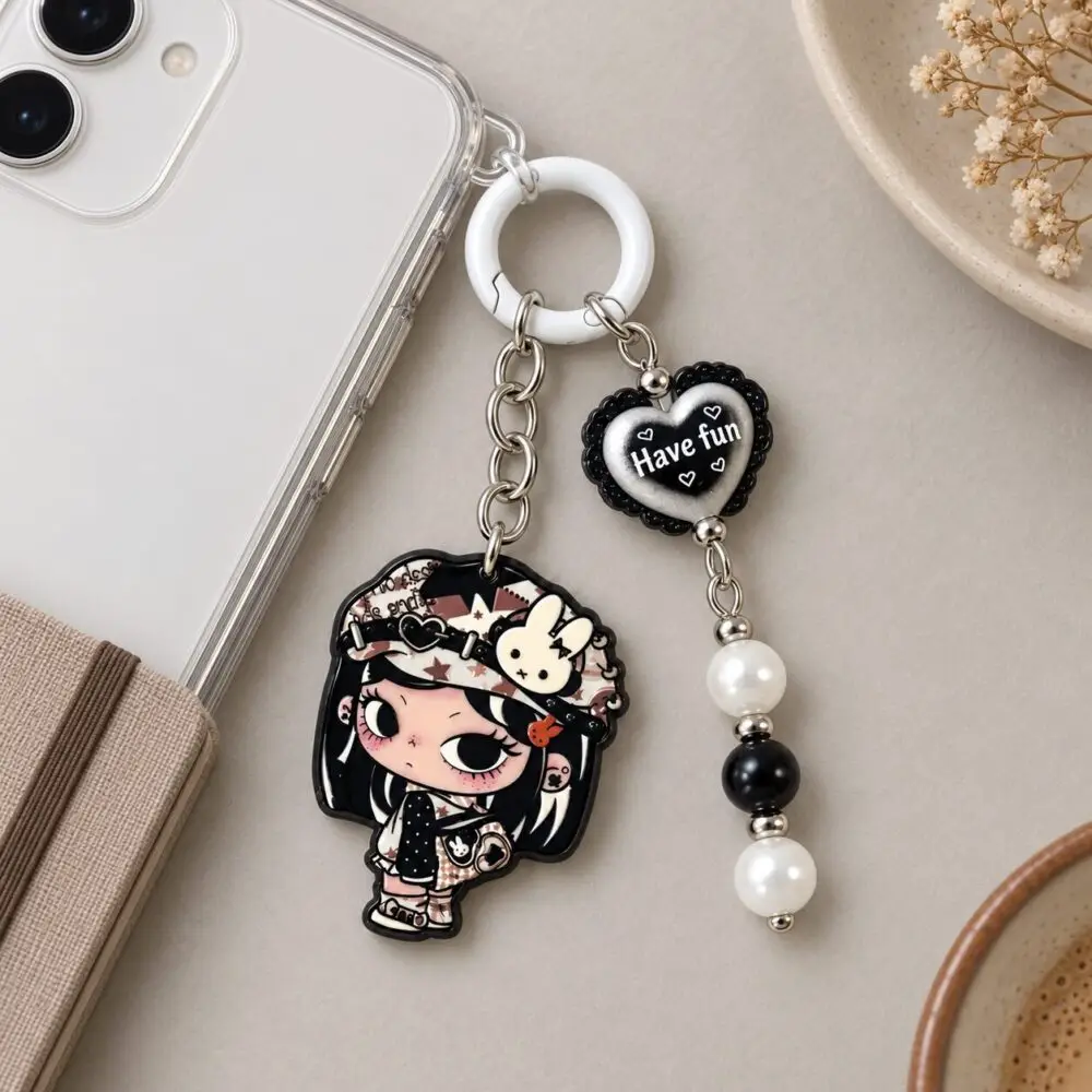 Gothic Anime Bunny Girl Enamel Keyring with Have Fun Heart Charm & Pearl Dangle - Harajuku Style Bag Pendant