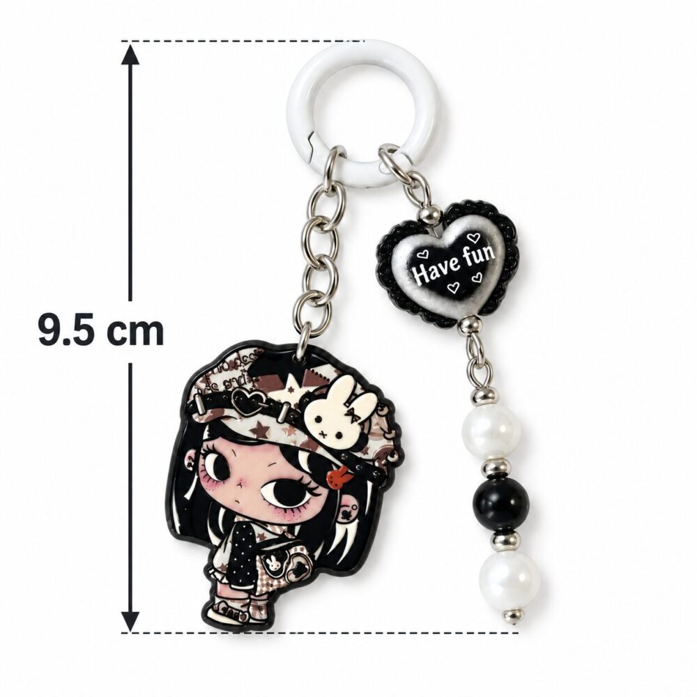 Gothic Anime Bunny Girl Enamel Keyring with Have Fun Heart Charm & Pearl Dangle - Harajuku Style Bag Pendant