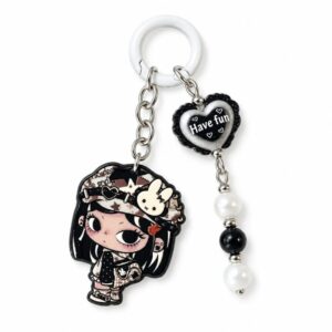 Gothic Anime Bunny Girl Enamel Keyring with Have Fun Heart Charm & Pearl Dangle - Harajuku Style Bag Pendant