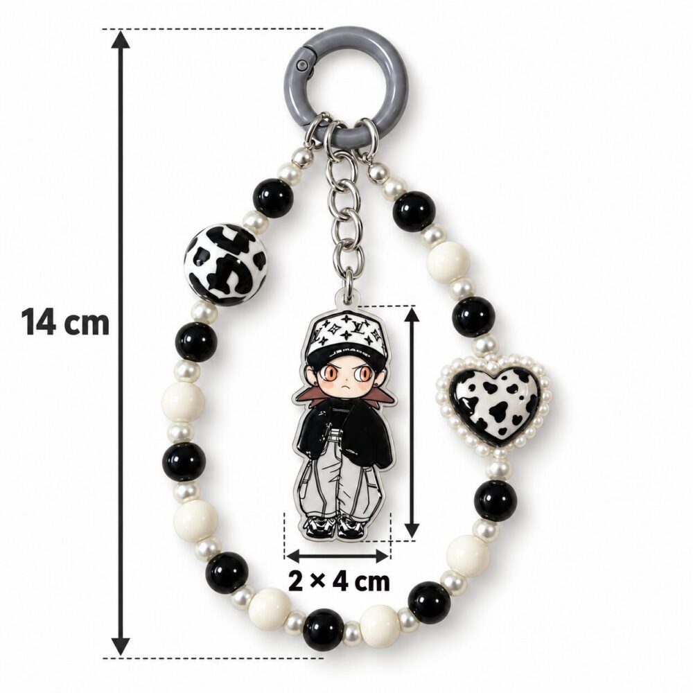 Gothic Streetwear Boy Anime Keychain - Cow Print Heart & Patterned Bead Lanyard Bag Charm