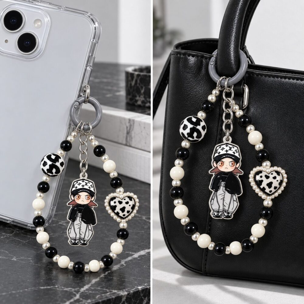 Gothic Streetwear Boy Anime Keychain - Cow Print Heart & Patterned Bead Lanyard Bag Charm