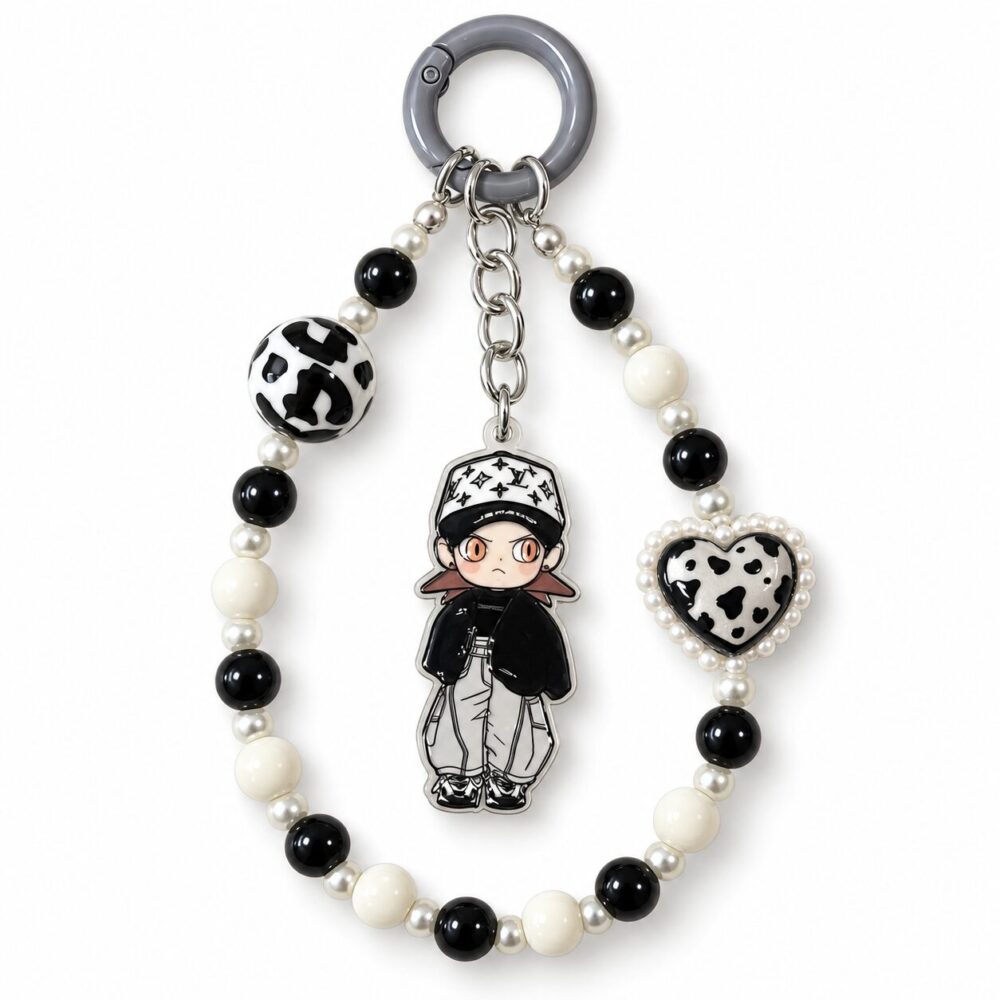 Gothic Streetwear Boy Anime Keychain - Cow Print Heart & Patterned Bead Lanyard Bag Charm