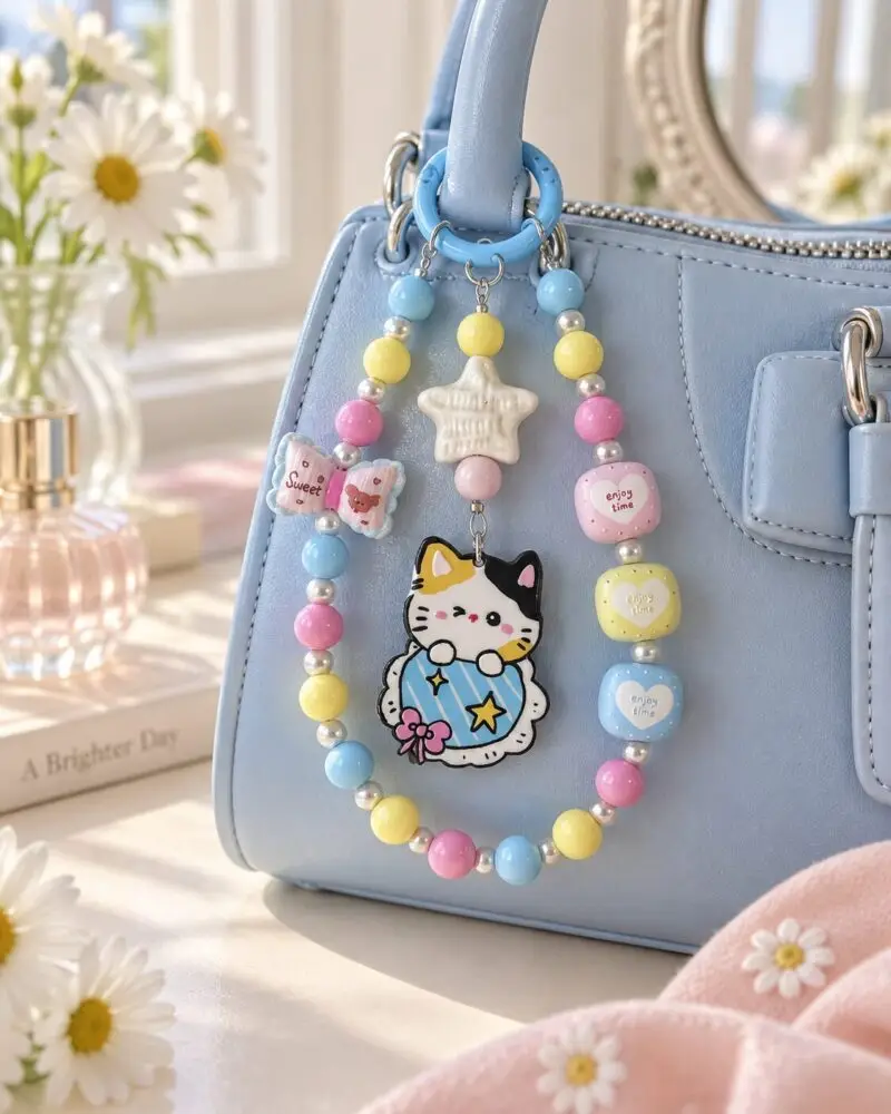 Handmade calico cat phone and bag charm with white star redsacre003-2