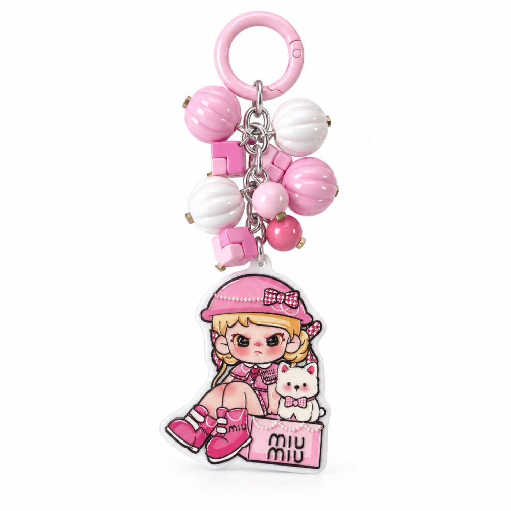Kawaii Pink Anime Girl & Puppy Acrylic Keychain with Beaded Cluster - Cute Bag Charm by RedSacre
