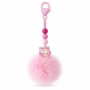 Kawaii Pink Fluffy Pom Pom Keychain with Crystal Cat Charm & Heart Clasp - Fluffy Bag Charm by RedSacre