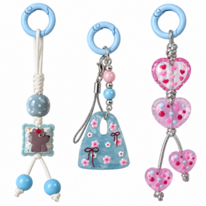 Pastel Blue and Pink Three-Piece Charm Set – Heart, Cherry Blossom Bag and Long Cord Keychains
