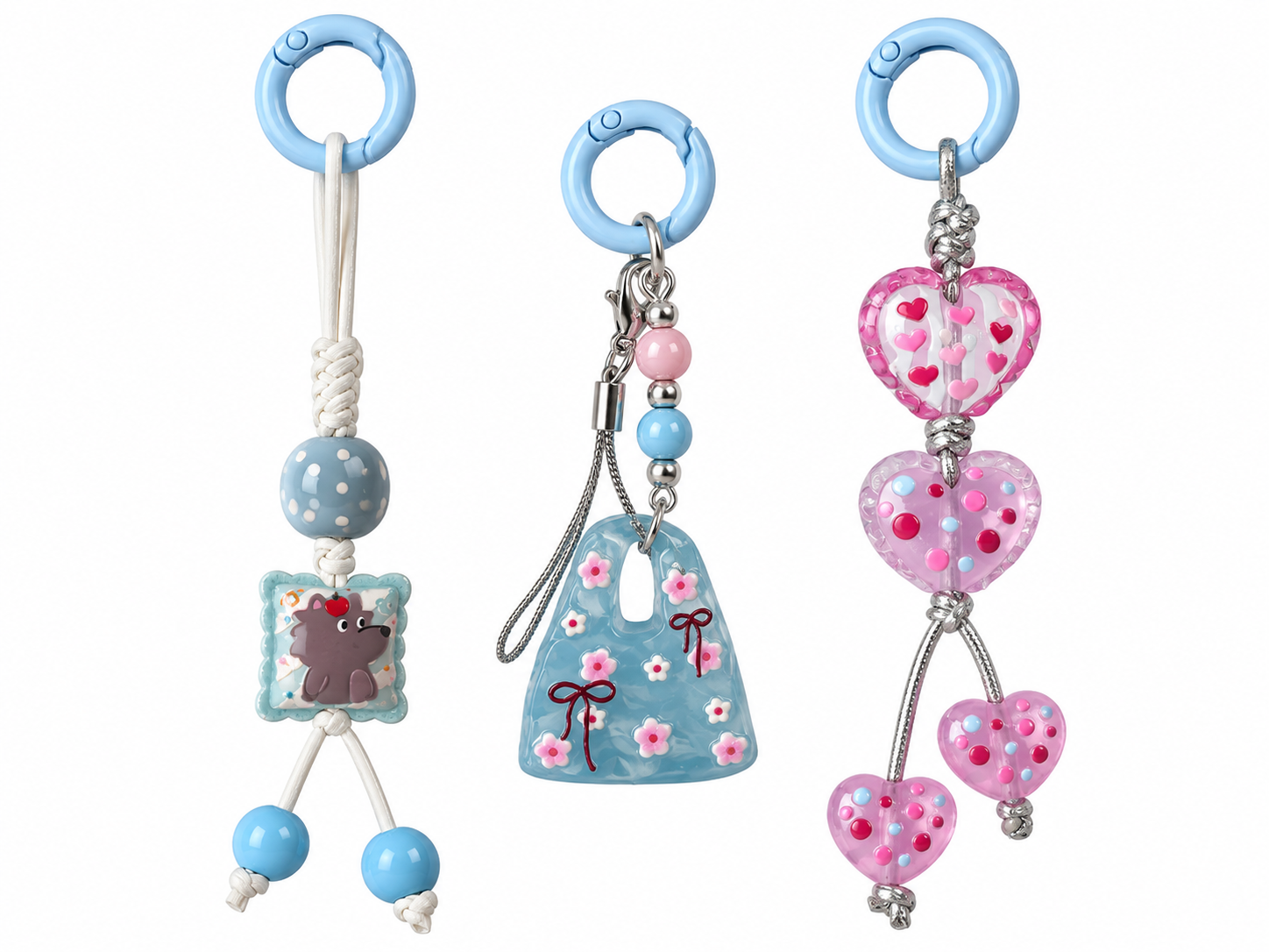 Pastel Blue and Pink Three-Piece Charm Set – Heart, Cherry Blossom Bag and Long Cord Keychains