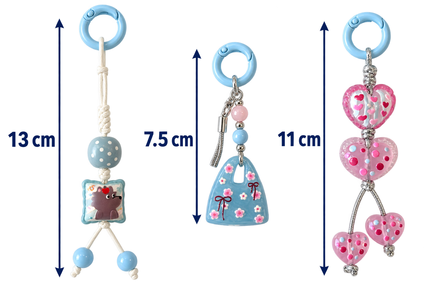 Pastel Blue and Pink Three-Piece Charm Set – Heart, Cherry Blossom Bag and Long Cord Keychains