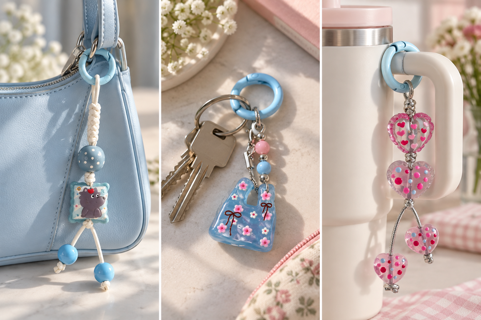 Pastel Blue and Pink Three-Piece Charm Set – Heart, Cherry Blossom Bag and Long Cord Keychains
